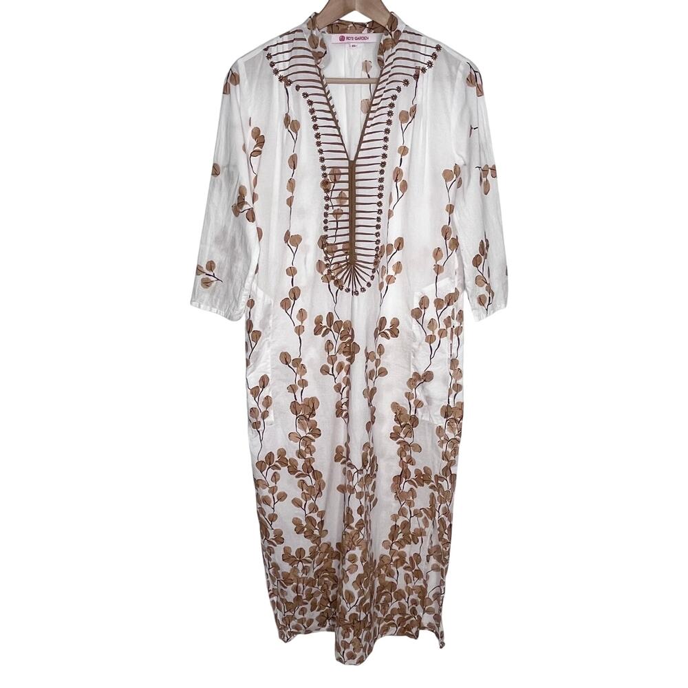 Tuckernuck Ro’s Garden Clorinda Kaftan Dress Leaf Sand Cotton XS Boho Midi - Picture 3 of 13